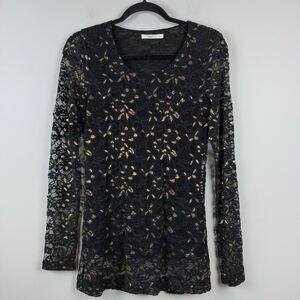 Hazel Top Women Medium Black Gold Floral Lace Mesh‎ Whimsigoth Fairy Grunge Y2K